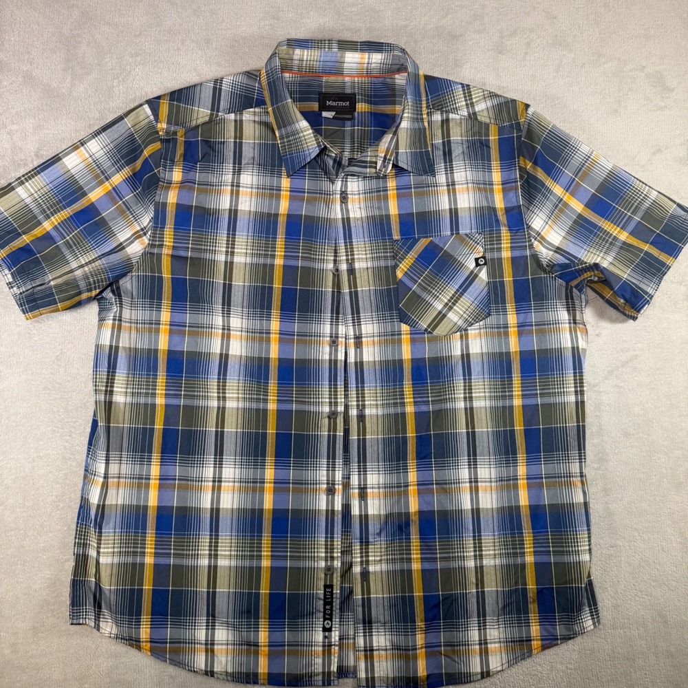 Marmot Mens XL Plaid Short Sleeve Button Down Hiking Shirt Blue Yellow J43400
